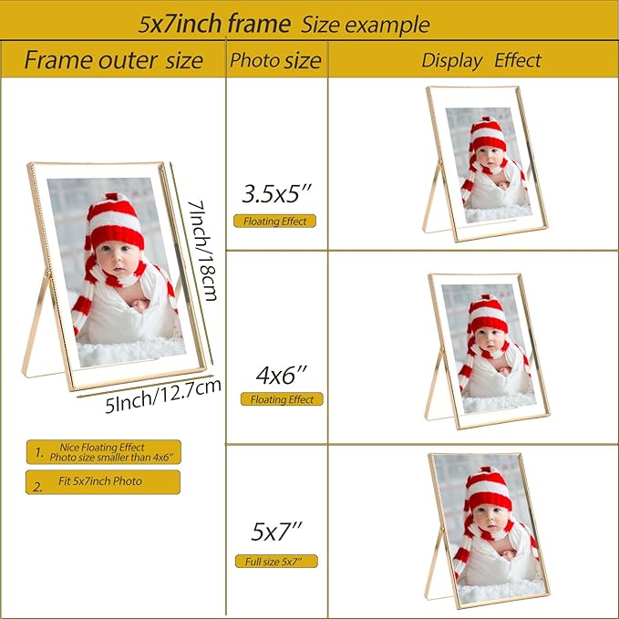 Gold 5x7" Floating Frame 2pack for Photo Sizes(3.5x5'',4x6'')for Adjustable Tabletop/Shelf Photo Frame,4x6'' Classy Gift floating frames for Wedding,Christmas,Birthady,Home or Office Decor.