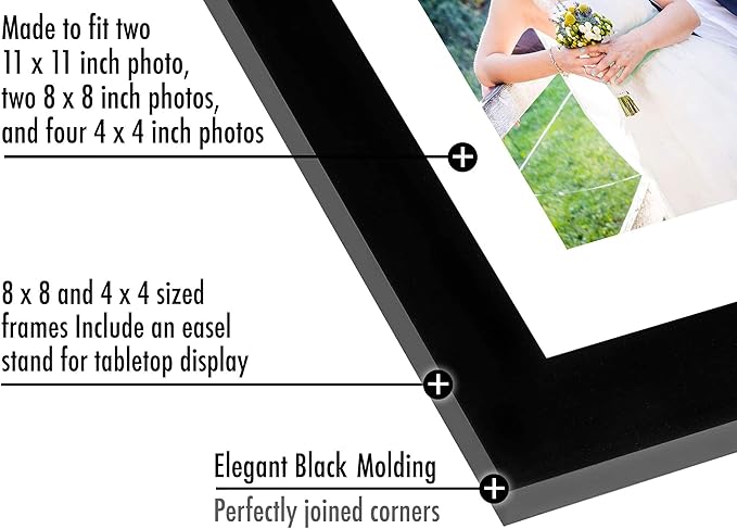 Americanflat Square Picture Frame Set in Black with Shatter Resistant Glass and Easel Stand - Various Dimensions - Pack of 8