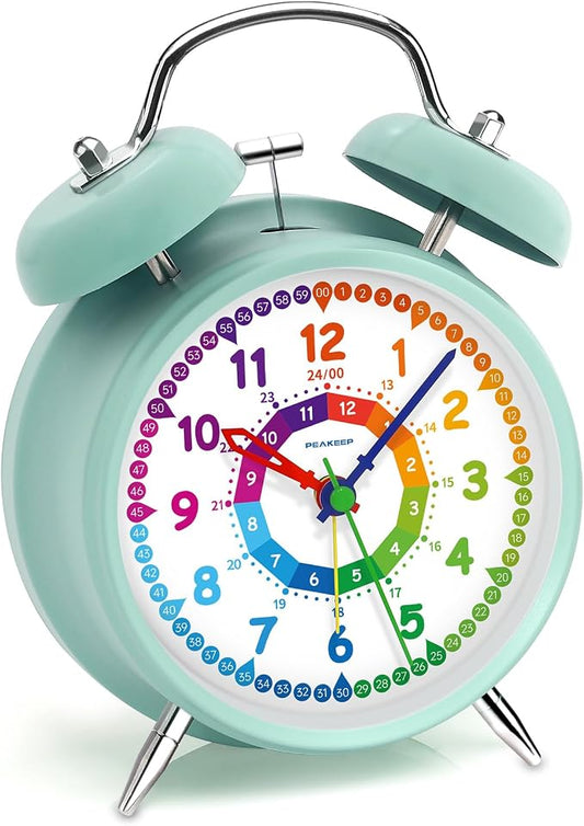 Peakeep Learning Clock for Kids Time Teaching, Loud Alarm to Wake Up | 4.5" Twin Bell Alarm Clock Battery Operated for Teenagers Kids, Kids' Room (Aqua) by PEAKEEP
