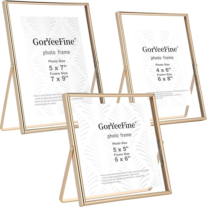 Gold Floating Picture Frames Set of 3, Metal Geometric Photo Frame with Glass Cover Includes(5x7'',4x6'', 5x5''),Tabletop Floating Picture Frames for Home Wedding Decoration,Gift for Christmas,Wedding