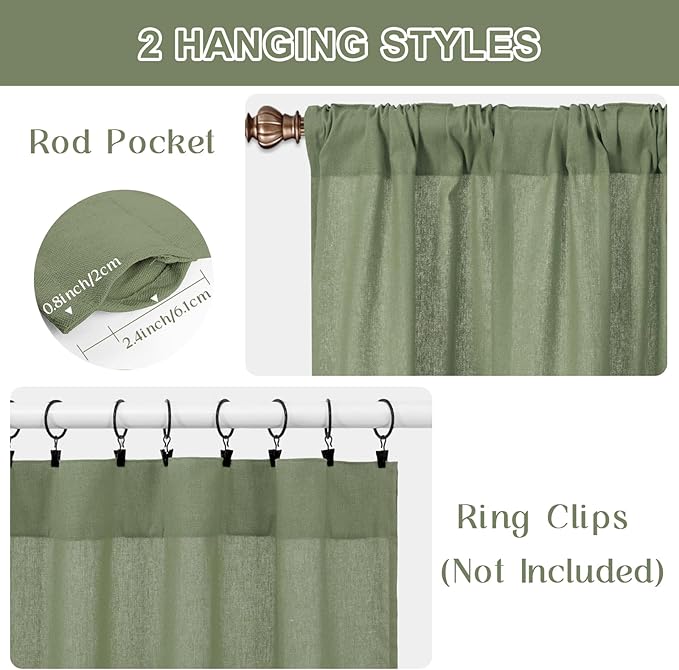 ASPMIZ Farmhouse Cotton Linen Swag Valances for Windows, Boho Kitchen Curtains Valances with Rustic Buttons, Green Striped Window Treatments Curtain Valance for Bathroom Cafe, 61 x 36 Inch, 1 Panel
