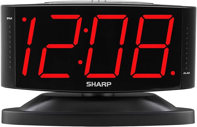 Sharp Outlet-Powered Alarm Clock with Swivel Base, Red LED and Dimmer | Outlet powered; Swivel base; Large red LED digits; Adjustable brightness; Snooze; Simple controls; Midnight Black by SHARP