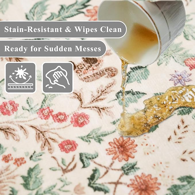 Botanical Beige 3x5 Area Rug - Non-Slip Washable Soft Low-Pile Small Area Rugs for Kitchen Bedroom Entryway Kid Room – Vintage Florals Door mat Indoor (Cream, 3x5)