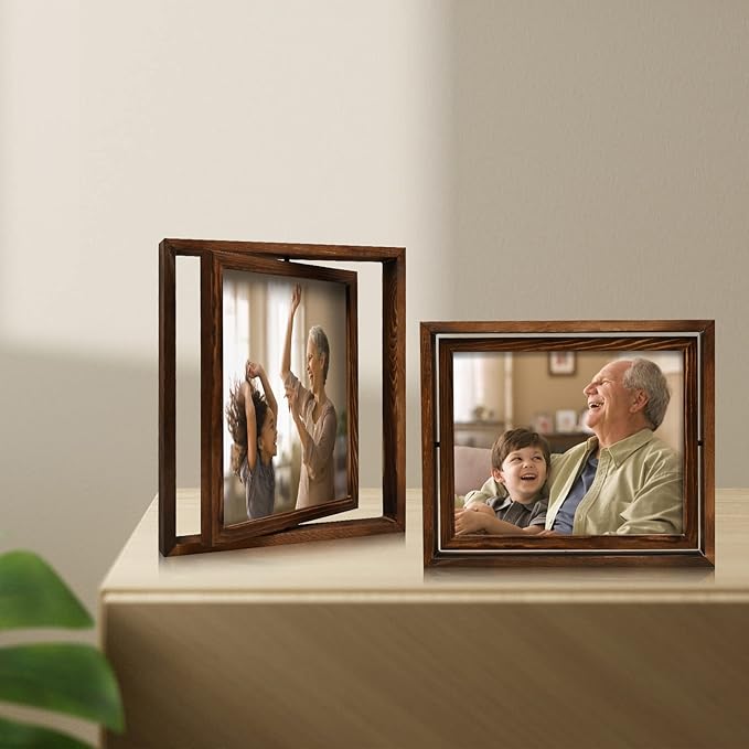 Egofine 2 Pack 8x10 Rotating Floating Picture Frames,Double-Sided Display with HD Glass Front Wooden Distressed Frame for Vertical or Horizontal Tabletop Display, Carbonization