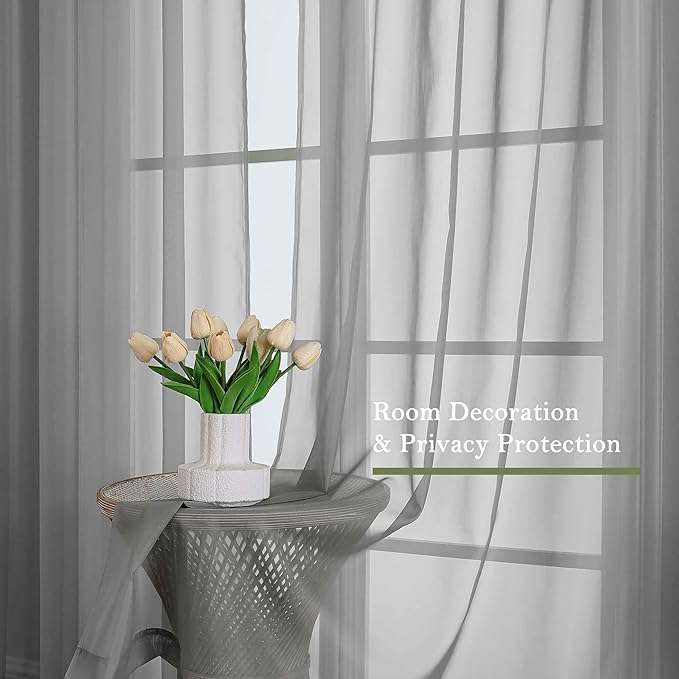 Lecloud Charcoal Grey Sheer Curtains for Living Room 96 Inches Long 2 Pcs, Airy Solid Color Light Filtering Curtains for Bedroom Dining Room, Dual Rod Pocket Drapes, Each Panel 59" W x 96" L