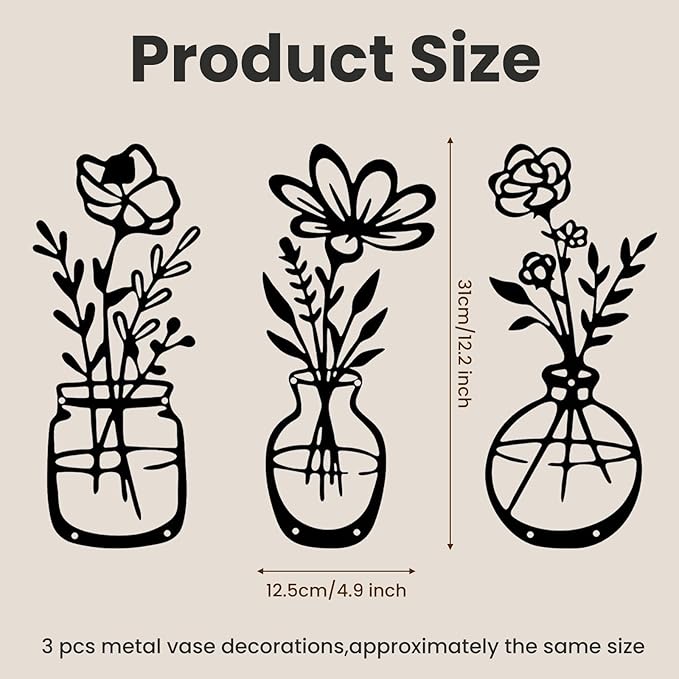 shuielai 3 Pieces Black Metal Flowers Wall Decor 14.56x5.9 Inches Metal Wall Sculptures Hanging Indoor