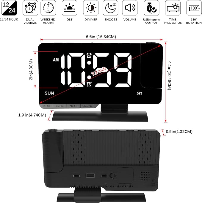 Lamisola Projection Alarm Clock for Bedroom Ceiling, Black Digital Clock - Image 6