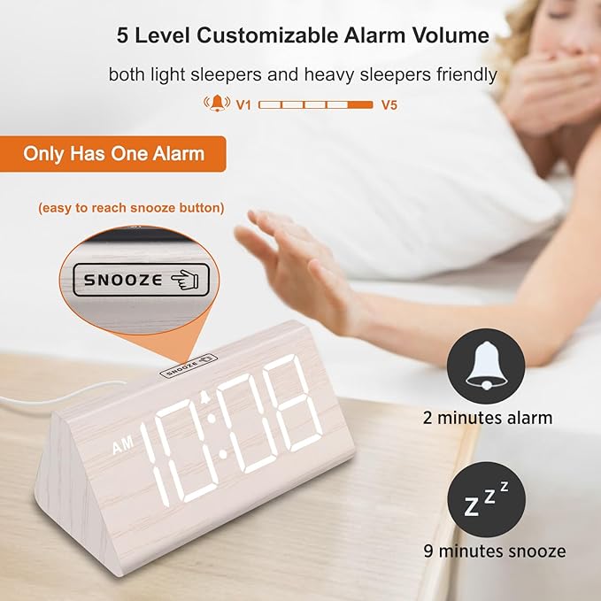 DreamSky Wooden Digital Alarm Clock for Bedroom - Living Room Desk Clock with Large Numbers, Bedside Nightstand Clock with USB Port, Adjustable Volume, Dimmer, DST, Office Wood D??cor, Adapter Powered
