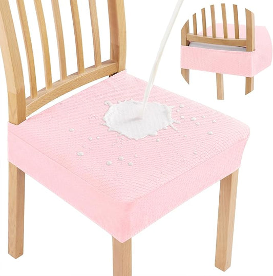 Smiry Waterproof Seat Covers for Dining Room Chairs Set of 6, Stretch Jacquard Removable Washable Chair Seat Slipcovers Protector, No Rear Covers, Blush Pink