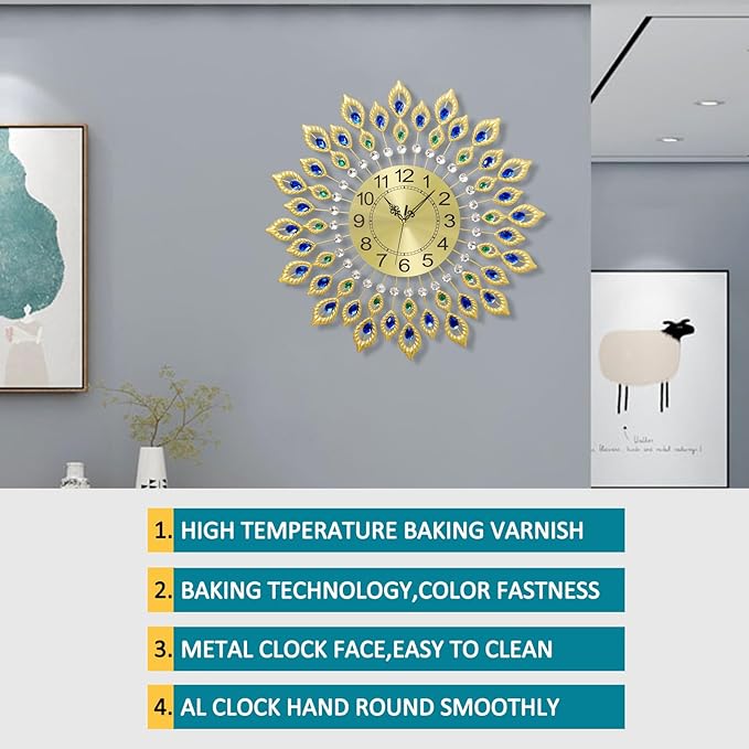 24.0 Inch Gold Large Wall Clocks for Living Room Decor,Elegant 3D Modern Wall Clock with Dial Arabic Numberals Non-Ticking Silent Big Wall Clocks,Diamond Round Home Decoration Kitchen Clocks
