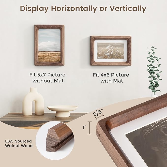 Fun Memories 5x7 Picture Frame, USA-Sourced Walnut Wood Photo Frames with HD Tempered Glass, Handcrafted Rounded Corner 5 x 7 Wooden Frames Matted to 4x6 Photos, 5x7 Frame, Tabletop or Wall Display