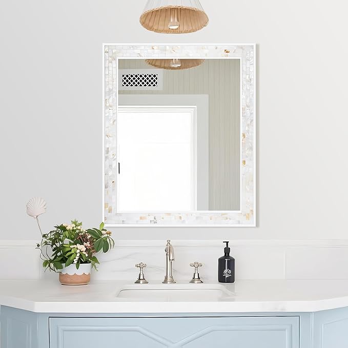 Tanmicoshomy 30 x 36 Inch White Bathroom Mirror, Natural Shell Framed Rectangle Mirrors with Tempered for Bathroom Bedroom, Living Room, Wall Mounted Horizontal or Vertical Hanging