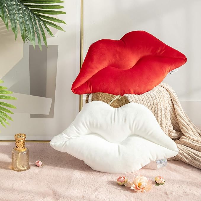 Ashler Lips Throw Pillows Smooth Soft Velvet Insert Included Cushion for Couch Bed Living Room, True White, 24 X 12 inches