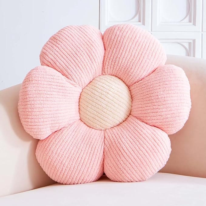 Pink Flower Decorative Throw Pillows, Cute Daisy Shaped Plush Aesthetic Pillow, Soft 19.6" Floor Seat Cushion