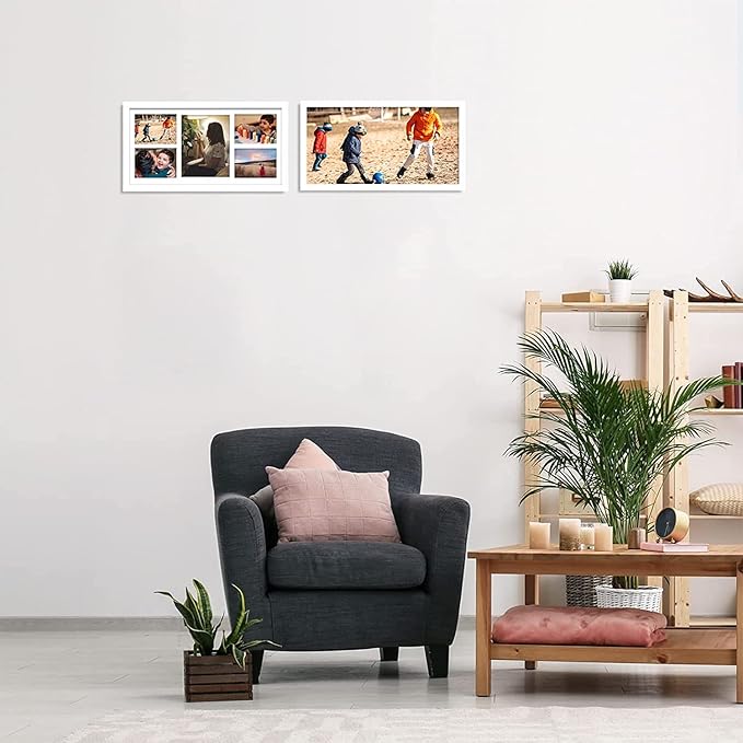 Golden State Art, Set of 6, 12x24 White Wood Picture Frame - White Mat for 8x10 And 5x7 Photos - Tempered Glass, Sawtooth Hanger, Swivel Tabs - Wall Mounting - Great for Gift