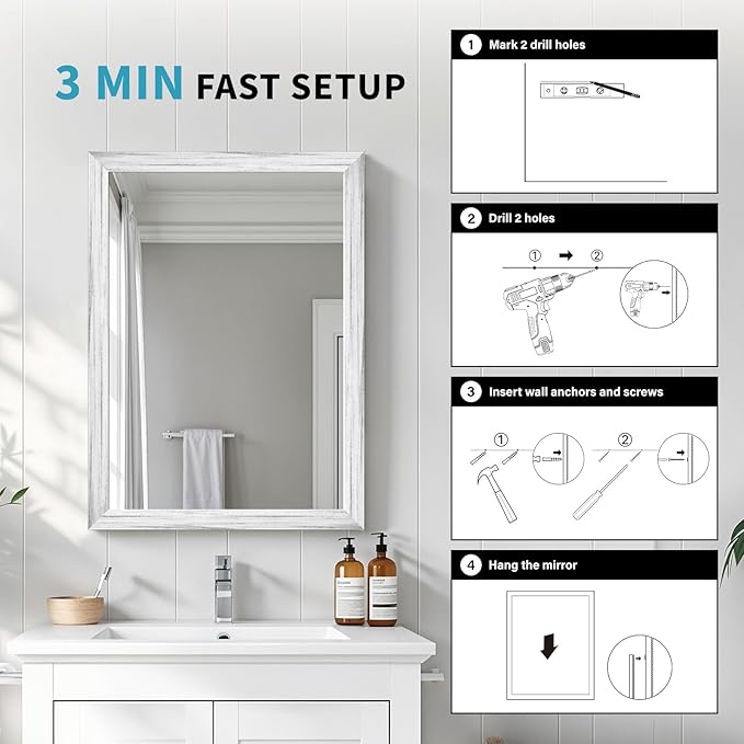 White Wood Effect Framed Wall Mirror, 22x30 Rectangle Mirror, Anti-desilvering Tempered Glass, Sustainable& Sturdy Frame, Farmhouse Mirror, Anti-Rust, 3min Fast Setup for Bathroom Living Room