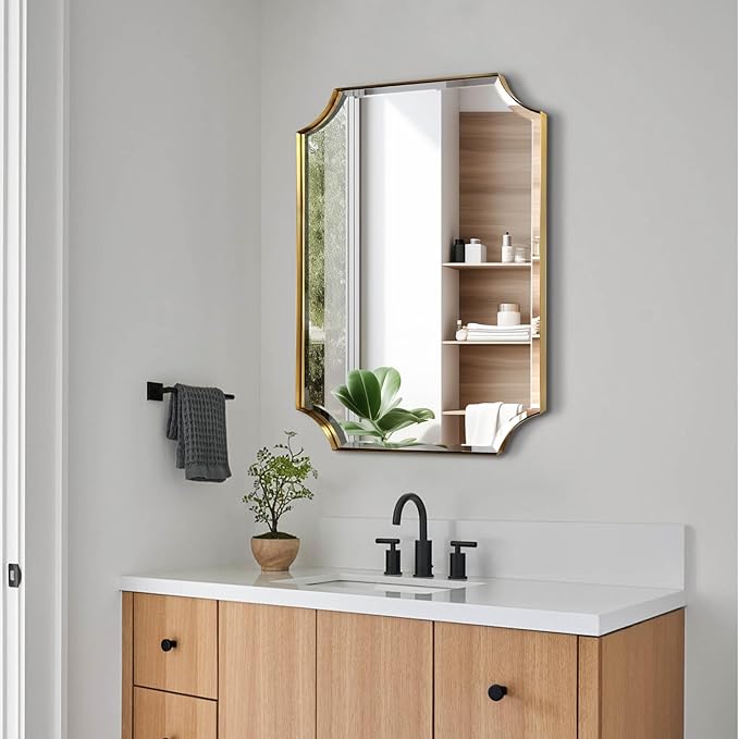 POZINO Rectangle Beveled Mirror, 22"x30" Brushed Gold Bathroom Vanity Mirror, Modern Aesthetic Scalloped Edge Wall Mirrors for Bedroom Living Room Hallway Entryway, Horizontal or Vertical Hanging
