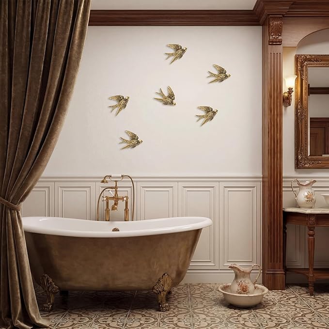 6 Pcs Vintage Bird Wall Sculpture Decor Art 4.7 Inch Antique 3D Sculpted Hanging Bird Resin Wall Art Golden Brass Floating Ornament for Living Room Garden Outdoor, Gifts for Couples Housewarming