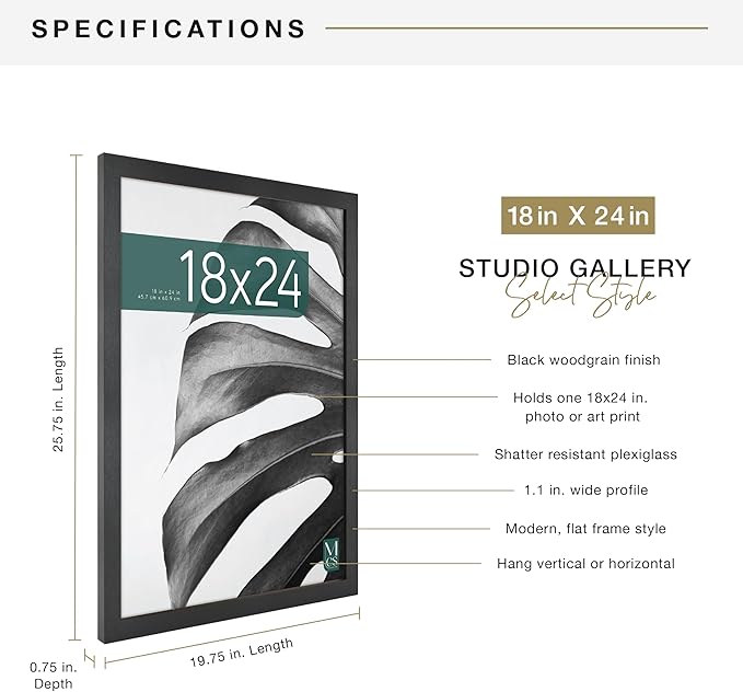 MCS Studio Gallery 18x24 Poster Frame Black Woodgrain Engineered Wood, Vertical & Horizontal Wall Hanging Large Picture Frame for Photos, Posters & Art Prints (1-Pack)