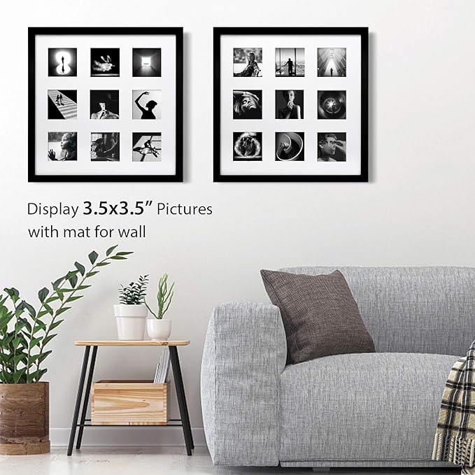 Egofine 16x16 Picture Frame Wood Black, Mats 9 Opening 4x4 Pictures, Display Multiple 4x4 Pictures, Covered by Plexiglass, Set of 2