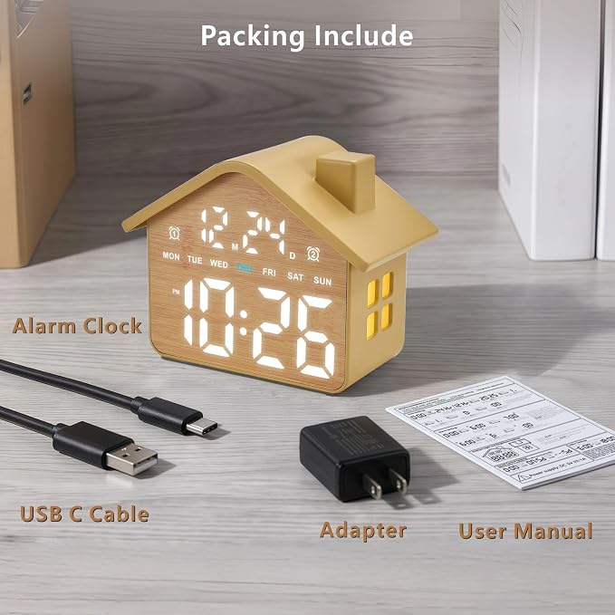 Plumeet Wooden Digital Alarm Clock, Bedroom Clock with Large Numbers, Date, Week, Dual Alarms, Dimmer and Ambient Light, House-Shaped Electric Bedside Desk Clock, Adapter Batteries Powered - Image 7