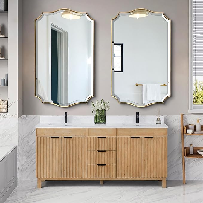 POZINO Scalloped Beveled Mirror, 24"x40" Brushed Gold Bathroom Vanity Mirrors for Over Sink, Modern Wavy Rectangle Wall Mirror for Living Room Bedroom Entryway, Horizontal or Vertical Hanging