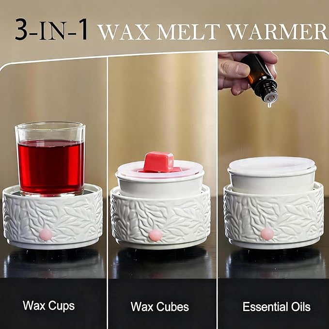 ElusiaKa Electric Wax Melt Warmer with Timer & Silicone Liner, 3-in-1 Ceramic Scented Wax Burner for Home Aromatherapy, Fast Melting Fragrance Warmer for Essential Oils & Wax Cups, Flame for Women