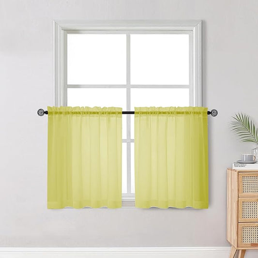 OWENIE Short Lemon Sheer Curtains 30 Inch Length 2 Panels Set, Kitchen Curtains Tiers Light Filtering Rod Pocket Cafe Curtain for Basement Bathroom Small Half Window, 42" W x 30" L, Lemon