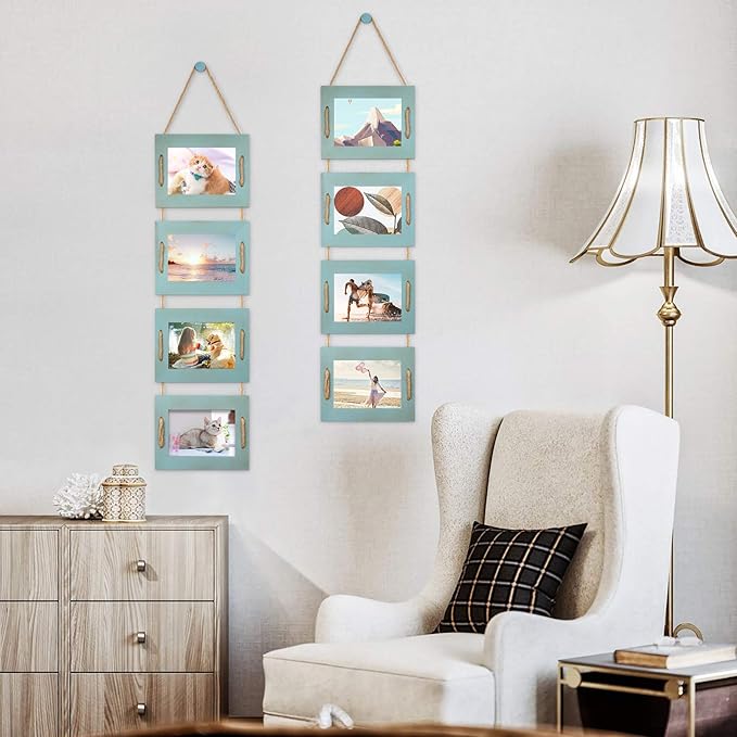 DLQuarts 5x7 Hanging Picture Frames Collage Wall Decor, 4-Opening 5x7 Matted to 3.5x5 Photo Rustic Wood Frame with Hemp Rope, 1 Pack, Ocean Blue