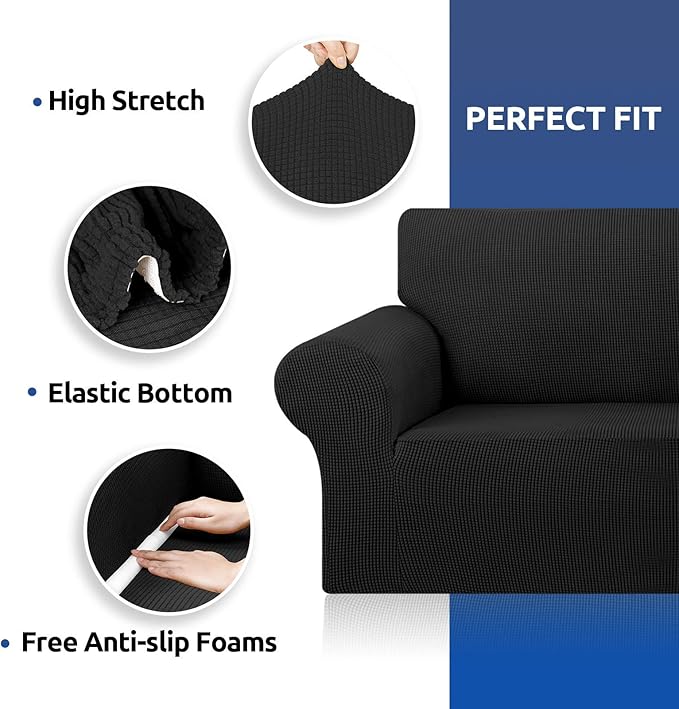 KEKUOU Stretch Sofa Cover Slipcover ???Couch Covers for 3 Cushion Couch Sofa pet Friendly (78"-94") Furniture Protector Sofa with Elastic Bottom for Kids,Dog, Jacquard Small Checked(Large,Black)