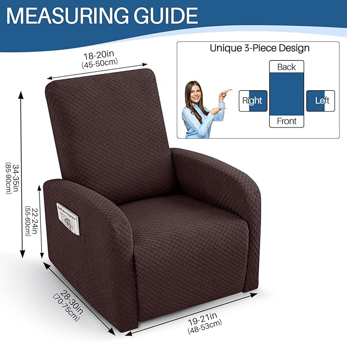 YEMYHOM 3 Pieces Stretch Recliner Slipcover Latest Jacquard Small Recliner Chair Cover with Side Pocket Anti-Slip Fitted Furniture Protector with Elastic Bottom (X-Small Recliner, Dark Coffee)