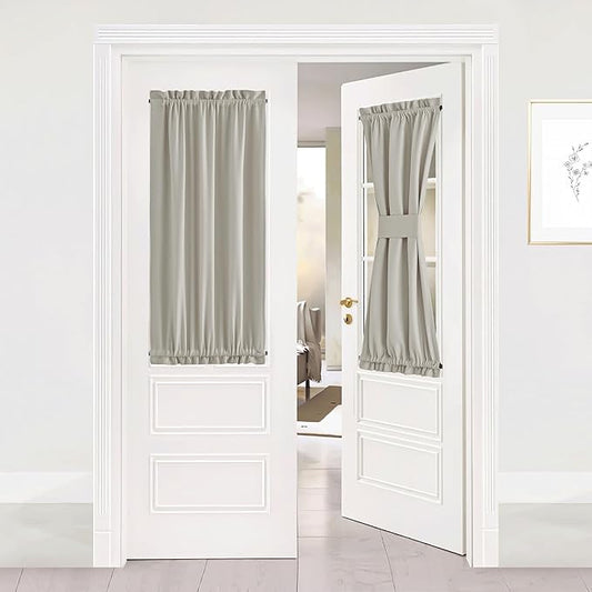 NICETOWN Farmhouse Curtains for Kitchen Window, Rod Pocket Short Front Sidelight Curtain for Back French Door Window Cover Door Shade with Tieback, 1 Panel (Natural, W25 x L40)