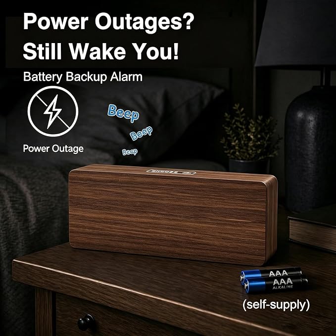 Peakeep Wooden Digital Alarm Clock Large Display, Textured Decoration - Image 3