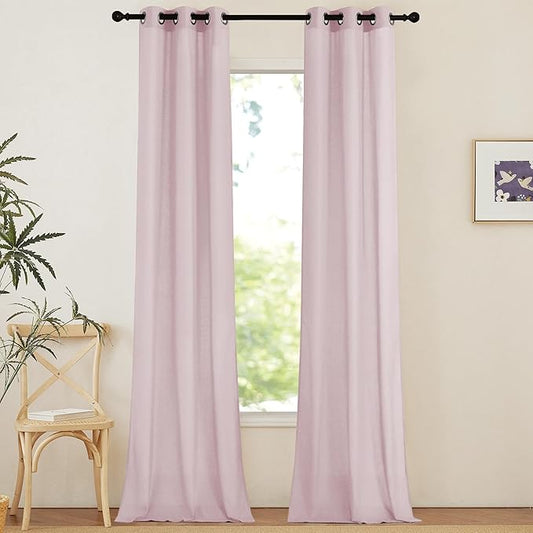 NICETOWN Blush Pink Linen Curtains for Kitchen, Thick Flax Small Window Treatments Semi Sheer Privacy Assured with Light Through for Cafe/Bathroom, W34 x L96, 2 Panels