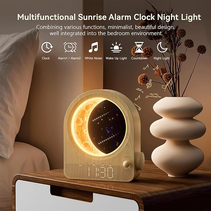 blonbar Sunrise Alarm Clocks for Bedrooms, Stepless Dimmable Moon Lamp Dual Alarm Clock with 12Levels Volume for Heavy Sleepers, 10 Natural Sounds with 30/60/90mins Timer, Gifts for Women - Image 3