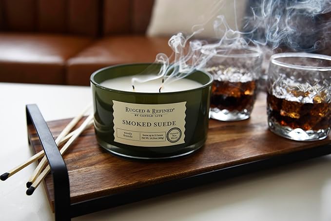 Candle-Lite Scented Candles for Men, Smoked Suede Fragrance, 16.25 oz Jar, 3-Wick, 51 Hours of Burn Time, Masculine Aromatherapy with Long Lasting Scent, Ideal Gift for Father's Day and Home Decor