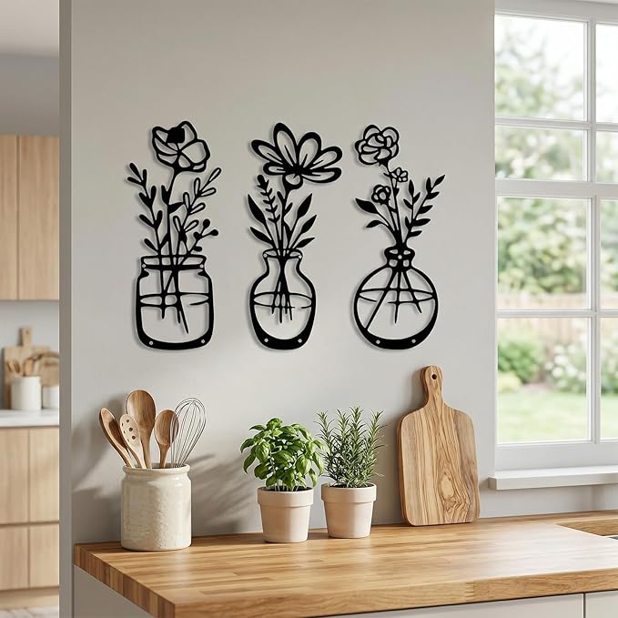 shuielai 3 Pieces Black Metal Flowers Wall Decor 14.56x5.9 Inches Metal Wall Sculptures Hanging Indoor