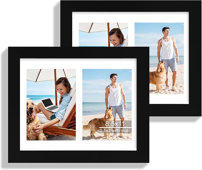 8.5x11 Picture Frame Set of 2, Black Certificate Document Frames with Glass Collage Frame, Display Pictures Two 5x7 With Mat or 8.5 x 11 Without Mat - Horizontal or Vertical Wall Mounting