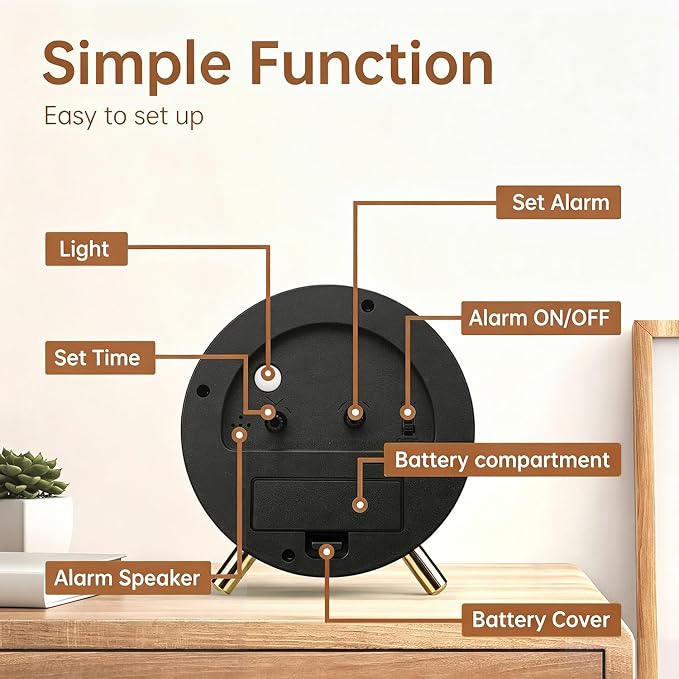 Analog Alarm Clock, Silent Non-Ticking with Night Light, Retro Fashionable Round Metal Alarm Clock for Office, Battery Operated, Bedroom, Elderly, Adults, Men Gifts Back to School,Wood-like Color - Image 7