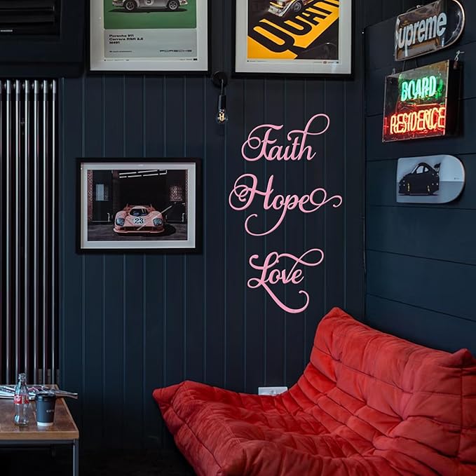 ESTART Faith Hope Love 3 Pieces Metal Wall Decor Inspirational Pink Letter Sign Wall Art Rustic Vintage Farmhouse Word Metal Sign Family Wall Decor for Home Bedroom Living Room (Pink)