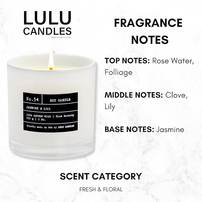 Lulu Candles | Jasmine & Lily | Highly Scented Candles for Home - Soy Blend Jar Candle with 100% Cotton Wick - Slow Burning (9 Oz.)