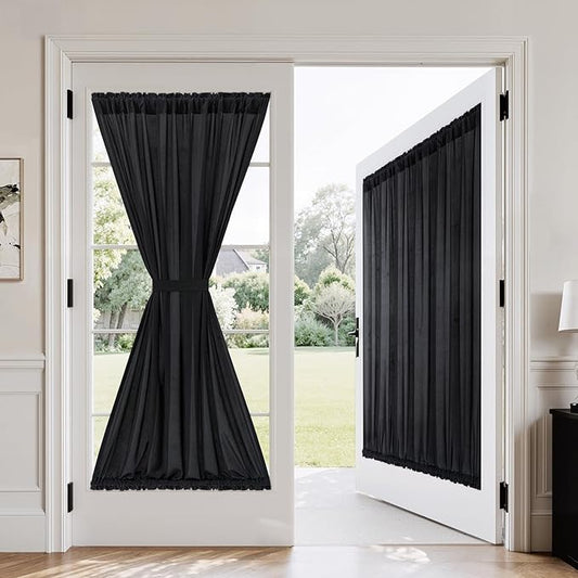 MIULEE Non-See-Through French Door Curtains for Doorway, Privacy Semi Sheer Curtains for French Doors, Light Filtering Rod Pocket Window Drapes with Tie Back, Black, 54 x 72 inches, 2 Panels