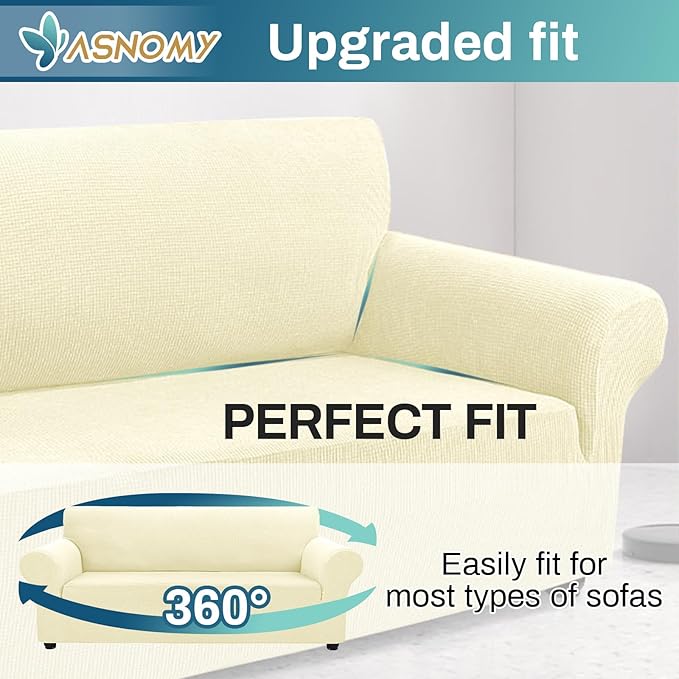 Asnomy Couch Covers for 3 Cushion Couch Stretch Sofa Covers Slipcovers, Pet Protector Furniture Covers for Dogs Cats Spandex Jacquard Fabric Small Checks （Large，Off-White）
