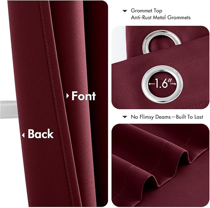 MIULEE Burgundy Red Blackout Curtains for Bedroom Living Room 72 Inches Long 2 Panels, Thermal Insulated Room Darkening Drapes Grommet Noise Reducing Light Blocking Window Treatments 40x72 Inch