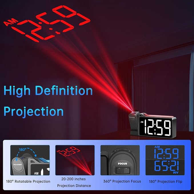 Peakeep Projection Alarm Clock for Bedroom Ceiling with Colorful Nightlight - Image 3