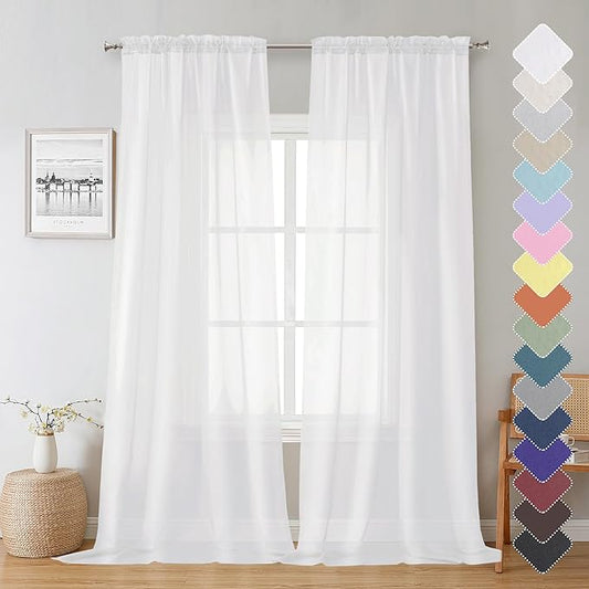Lecloud White Sheer Curtains 90 Inches Long 2 Panels, Farmhouse Voile Window Drapes Rod Pocket, Elegant Airy Sheer White Curtains for Living Room Bedroom, Each Panel 42 X 90 Inch
