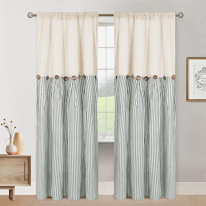 ASPMIZ Cotton Linen Farmhouse Curtains Boho Rustic Button Curtain, Linen Window Curtain Panels Green Stripe Country Curtains for Living Room Bedroom, Back Tab Window Drapes, 52 x 84 Inch, 2 Panels