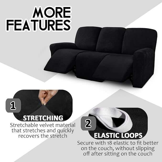 ULTICOR Velvet 8-Pieces Recliner Sofa Covers Stretch Reclining Couch Covers for 3 Cushion Reclining Sofa Slipcovers Furniture Covers Thick Soft Washable (3 Seater Recliner Cover, Black)