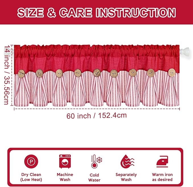 ASPMIZ Farmhouse Cotton Linen Valances for Windows, Boho Kitchen Curtains Valances with Rustic Button, Red Striped Window Treatments Curtain Valance for Bathroom Cafe, 60 x 14 Inch, 1 Pannel
