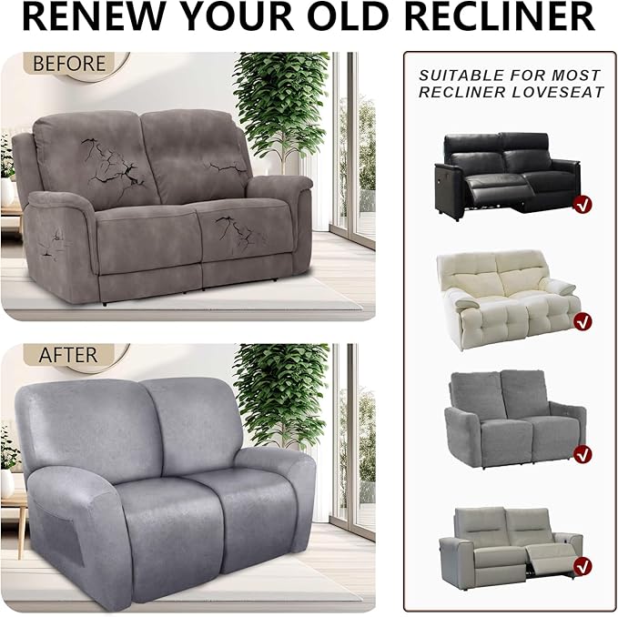 ANARACHON Loveseat Recliner Cover Leather Look Recliner Loveseat Covers Recliner Sofa Cover for 2 Seater Reclining Couch Spandex Fabric Washable 6 Pieces (2 Seater, 01 Marbling)